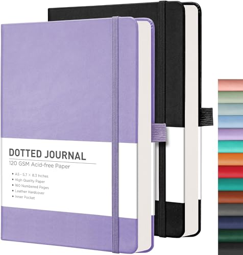 RETTACY A5 Gepunktetes Notizbuch 2er Pack - Bullet Dot Grid Journal mit 320 nummerierten Seiten Hardcover 120gsm dickem Papier, 8 perforierten Blättern, Innentasche-Lila von RETTACY