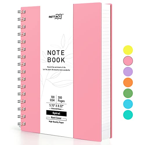 RETTACY A5 Notizblock, Notizbuch, Spiralgebundene Notizbücher, 300 Blatt/150 Seiten zum Schreiben, 100 g/m² College-liniertes Papier, PVC-Hardcover, 14,5 x 21 cm –Rosa von RETTACY