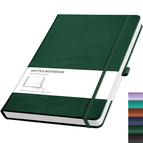 RETTACY Gepunktetes A4-Notizbuch, Tagebuch, 192 Seiten, Notizbuch für Bullet, Hardcover, Leder, Notizblock mit Stiftschlaufe, für Damen, Herren, Arbeit, Büro, Schule (21,5 x 27,9 cm), Dunkelgrün von RETTACY