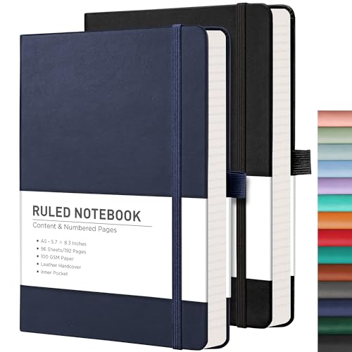 RETTACY Notizblock, A5, liniert, Leder-Tagebuch mit 376 nummerierten linierten Seiten, Hardcover-Notizbuch, 2 Haftnotizen, 8 perforierte Blätter, Stiftschlaufe, Innentasche, 14,5 x 21 cm von RETTACY