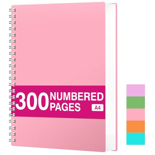 RETTACY Notizblock A4 Kariert, Spiralblock Notizbuch 100gsm mit 300 Seiten/150 Blatt zum Zeichnen, Kunststoff PVC Hardcover, zum Tagebuch, College,Konferenz, Reise, 21.5 x 27.9cm -Rosa von RETTACY