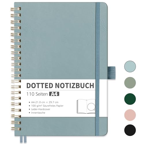 RETTACY Notizbuch A4 Dotted, Bullet Dot Journal mit 100 g/m² Dickem Papier, 55 Blatt, Notebook für Büro und Schule, Lederhülle, Grau-Blau, 21 cm x 29.7 cm von RETTACY