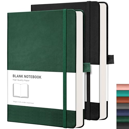 RETTACY Notizbuch A5 Blanko 2er Pack - 384 Seiten Unlined Notizbücher Mit 100gsm Blanko Papier, Stiftschlaufe, Innentasche, Für Skizzieren Schule Frauen Männer 14.5 X 21cm-Grün von RETTACY