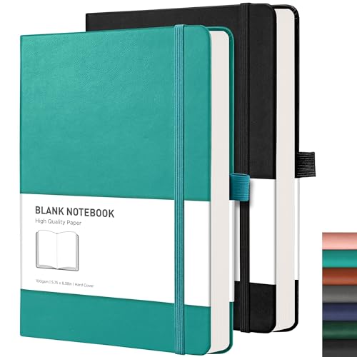 RETTACY Notizbuch A5 Blanko 2er Pack - 384 Seiten Unlined Notizbücher mit 100gsm Blanko Papier, Stiftschlaufe, Innentasche, für Skizzieren Schule Frauen Männer 14.5 x 21cm-Cyan von RETTACY