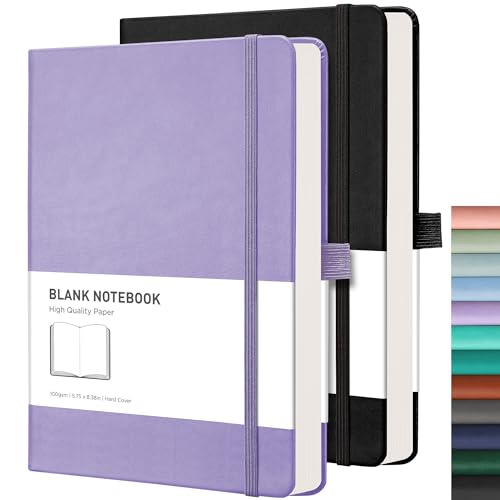 RETTACY Notizbuch A5 Blanko 2er Pack - 384 Seiten Unlined Notizbücher mit 100gsm Blanko Papier, Stiftschlaufe, Innentasche, für Skizzieren Schule Frauen Männer 14.5 x 21cm-Lila von RETTACY