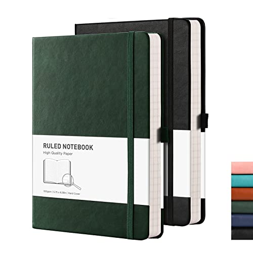 RETTACY Notizbuch A5 Hardcover, liniert, 2er Pack - Dickes Journal mit 376 nummerierten Seiten, 100g/m² Papier, 8 perforierten Blättern, Stiftschlaufe, Innentasche - Schwarz Grün von RETTACY