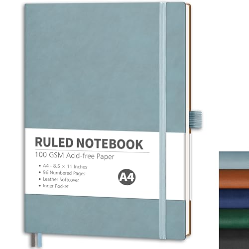RETTACY Notizbuch Liniert A4, Leichtes Journal Tagebuch mit 96 nummerierten Seiten,100gsm Notizbücher, Innentasche, Softcover für Büro Schule Arbeit Frauen Männer, 21.5 x 27.9cm - Graublau von RETTACY