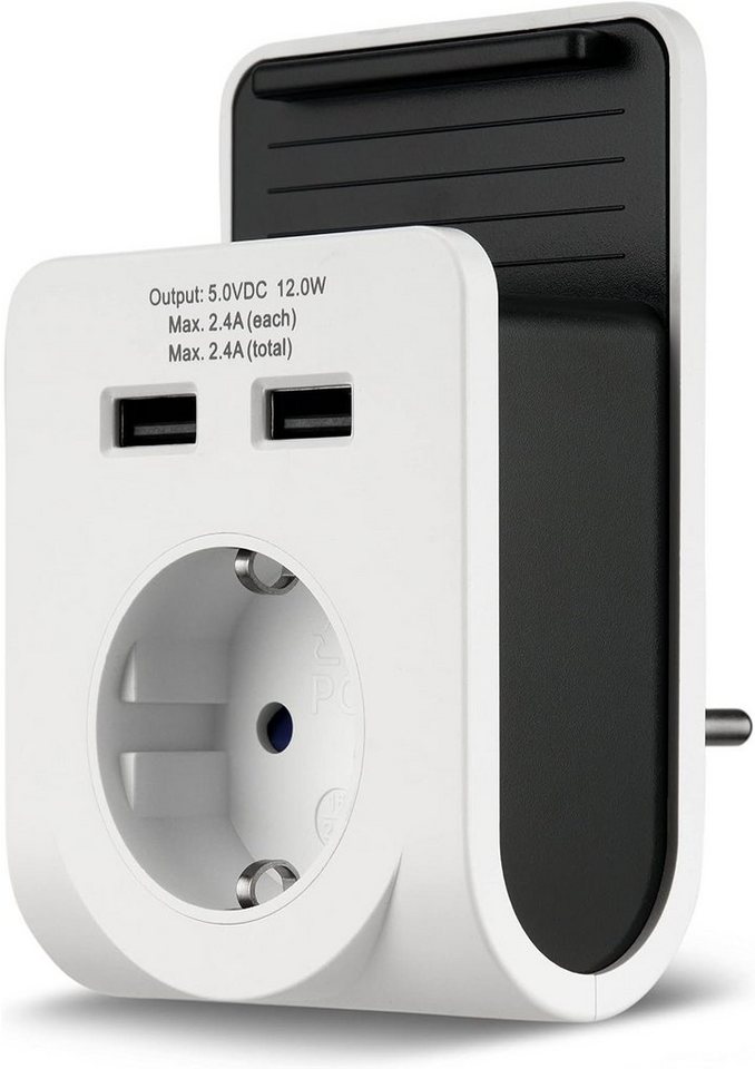 REV Ladegerät USB-Adapter DUAL zu 2x USB Typ A, 1x 230V Steckdose, 3 in 1 mit Handyablage von REV