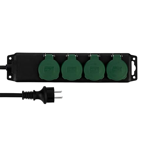 REV Steckdosenleiste - Mehrfachsteckdose 4-Fach IP44, ideal für Garten & Terrasse, Kabel 1,4m, max. 3500W, schwarz-grün von REV