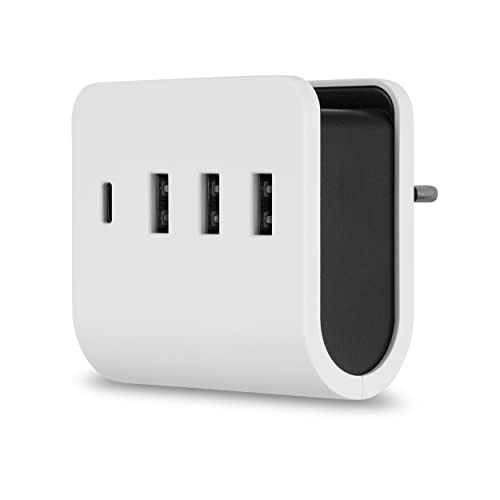 REV USB Ladegerät – USB-A und C Steckdosenadapter 3+1fach mit praktischer Ablagefläche – weiß von REV