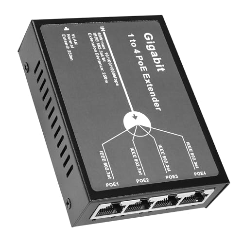 REVODATA Gigabit 4 Port 60W PoE Extender, 10/100/1000Mbps 1 in 4 out PoE+ Repeater mit 3 Modi verfügbar, 60W 802.3BT Eingang, 802.3at Ausgang 30W, 100m/250m PoE Erweiterung für PoE Gerät (POE5004G-V2) von REVODATA