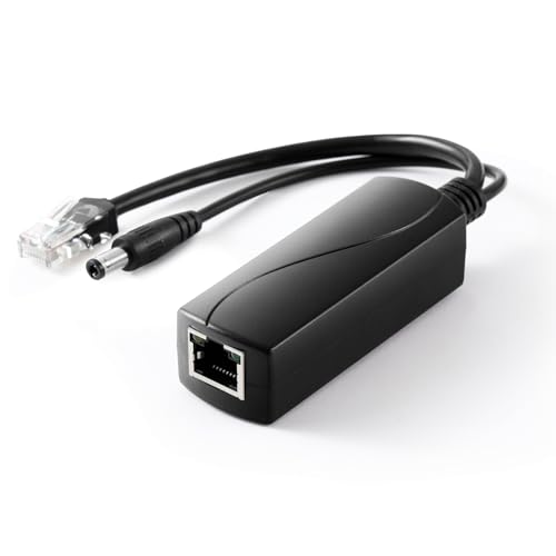 REVODATA 2.5G PoE Splitter 12V/2A, DC 5.5*2.5mm Stecker, 48V PoE auf DC 12V/2A 24W Ausgang, 2.5Gbps Ethernet konform IEEE802.3af/at, Plug and Play für IP Kamera, Smart Home von REVODATA