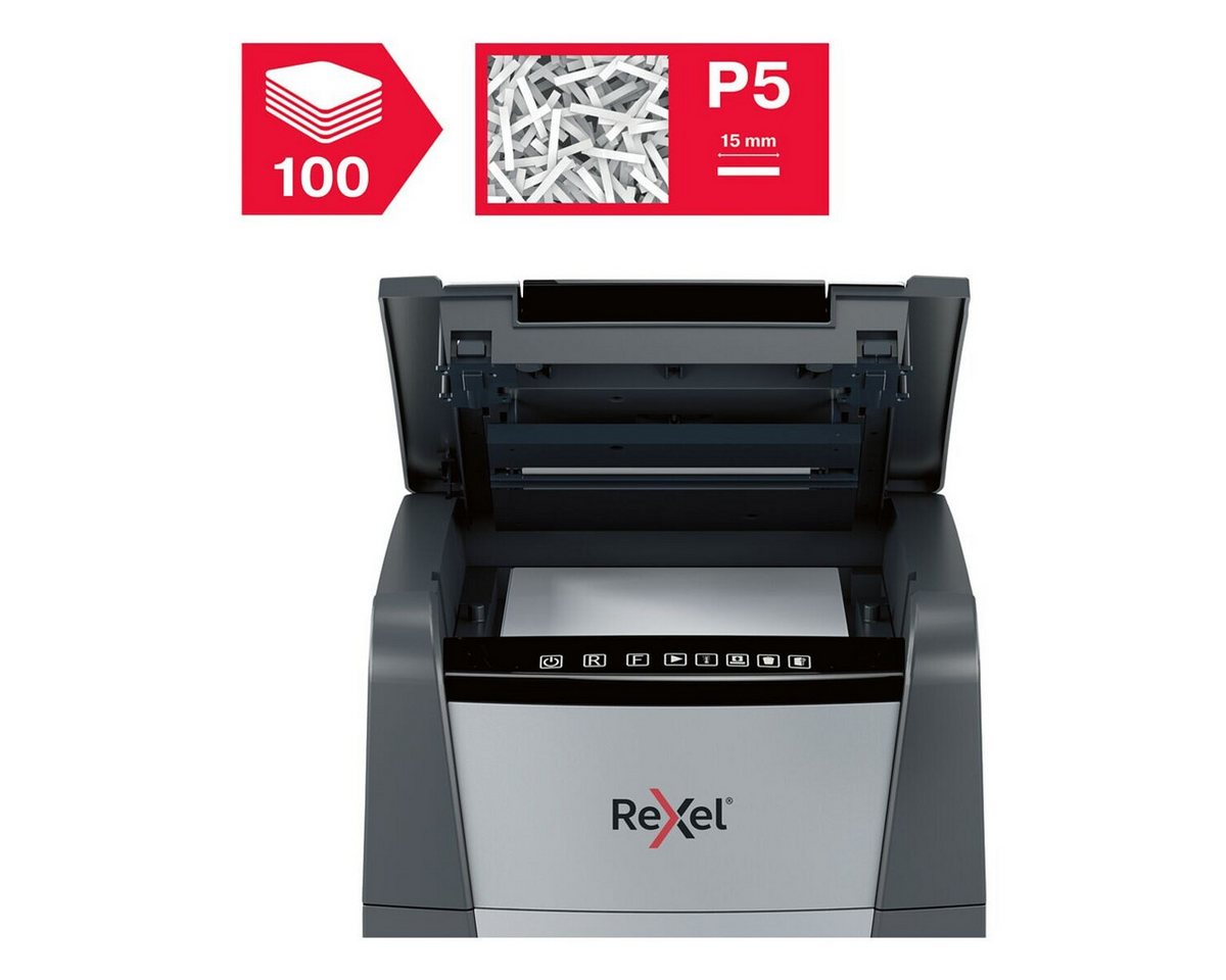 REXEL Aktenvernichter Optimum AutoFeed+ 100X, Partikelschnitt 4 28 mm, Einzelblatt-Einzug / Autofeed, 34 Liter von REXEL