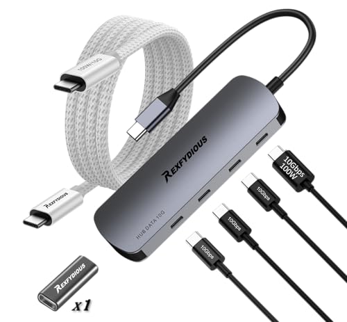 REXFYDIOUS 10 Gbps USB C HUB USB C Splitter USB C Verteiler 1 zu 4 Data USB C Port, 100W PD, USB C to USB C für iPhone 15 MacBook Windows und Type C Geräte (White 10G 100W Cable/C to C Adapter) von REXFYDIOUS