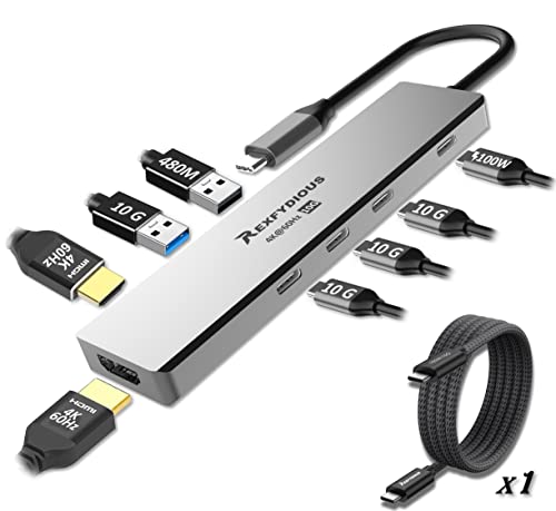 REXFYDIOUS 4K 60Hz 10 Gbps DUAL HDMI USB C HUB USB C Splitter + 100W 10 Gbps CableUSB C Verteiler 8 Ports, 100W PD für MacBook M1/M2, Windows, Android und USB Typ C Gerate von REXFYDIOUS