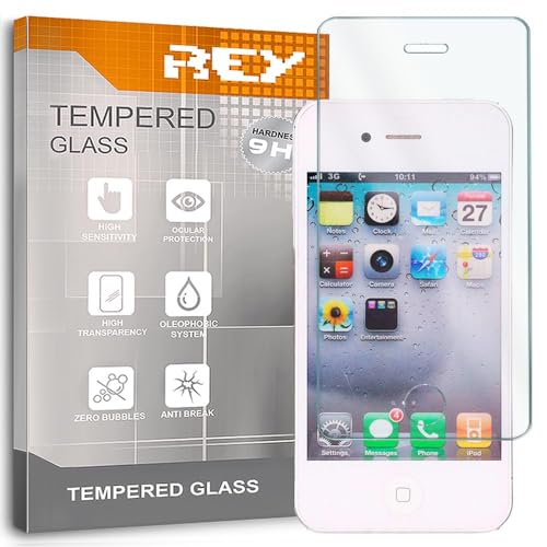 REY Pack 2X Bildschirmschutz aus gehärtetem Glas für iPhone 4 / 4S, Schutzfolie, Displayschutzfolie 9H+ Härte, Anti-Kratzen-Öl-Bläschen von REY