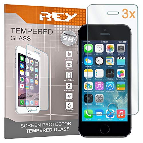 REY Pack 3X Bildschirmschutz aus gehärtetem Glas für Iphone 5/5S/5C/SE, Schutzfolie, Displayschutzfolie 9H+ Härte, Anti-Kratzen-Öl-Bläschen von REY