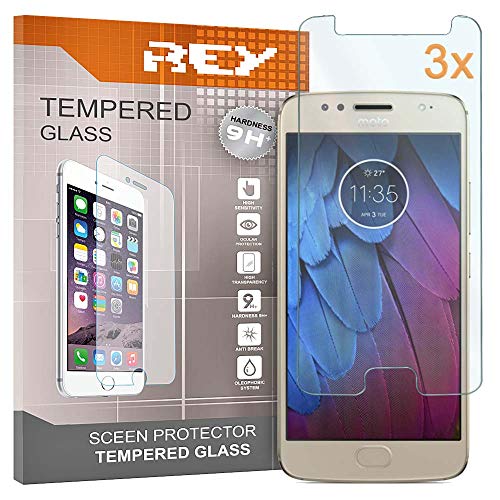 REY Pack 3X Bildschirmschutz aus gehärtetem Glas für Motorola Moto G5S / Moto G5 S, Schutzfolie, Displayschutzfolie 9H+ Härte, Anti-Kratzen-Öl-Bläschen von REY
