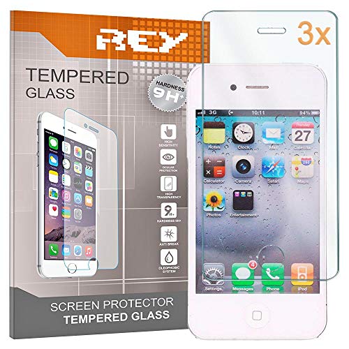 REY Pack 3X Bildschirmschutz aus gehärtetem Glas für iPhone 4 / 4S / 4C, Schutzfolie, Displayschutzfolie 9H+ Härte, Anti-Kratzen-Öl-Bläschen von REY