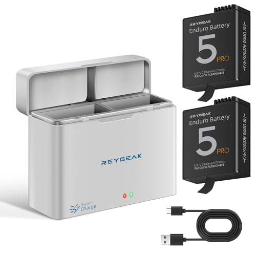 REYGEAK Akku und Ladegerät für DJI Osmo Action 5 Pro/Action 4/3, 2er-Pack Akkus mit 2 Anschlüssen, PD Schnellladung Akkuladebox, 2100 mAh wiederaufladbarer Akku für DJI Action 5/4/3 Ladegerät-Zubehör REYGEAK Akku und Ladegerät für DJI Osmo Action 5 Pro/Action 4/3, 2er-Pack Akkus mit 2 Anschlüssen, PD Schnellladung Akkuladebox, 2100 mAh wiederaufladbarer Akku für DJI Action 5/4/3 Ladegerät-Zubehör von REYGEAK