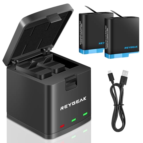 REYGEAK Hero 8 Akku Hero 7/6/5 Akku, wiederaufladbarer Akku für GoPro Hero 8 Hero 7/6/5, Dreifach-Ladegerät und Akku-Speicherbox mit 3 Kanälen Ladegerät (Ladegerät + 2 × Akku) von REYGEAK