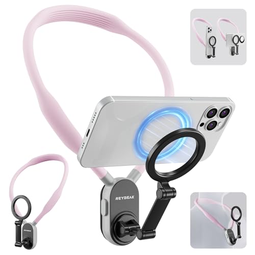 REYGEAK Magnetische Nackenhalterung für Telefone, Nacken-Telefonhalter POV/Vlog Selfie-Halterung Hand frei Telefon-Halshalterung Bruststativgurt Videoaufnahme iPhone 15 14 13 12 Android Phones (Rosa) von REYGEAK
