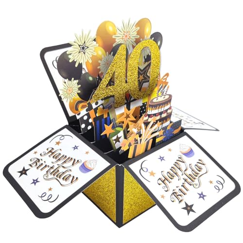 40. Geburtstagskarte, Geburtstag Grußkarten Karte 3D Pop Up Karte Birthday 40th Grußkarten Glückwünsche Geburtstagskarten mit Umschlag für Mama Frauen Geschenk-Karte Grußkarte Schwarz Gold von REYOK