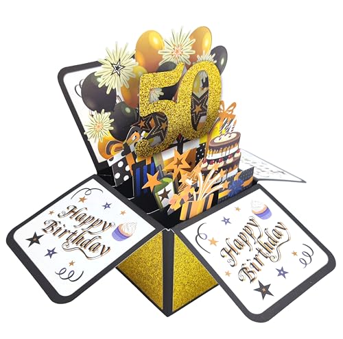 50. Geburtstagskarte, Geburtstag Grußkarten Karte 3D Pop Up Karte Birthday 50th Grußkarten Glückwünsche Geburtstagskarten mit Umschlag für Mama Frauen Geschenk-Karte Grußkarte Schwarz Gold von REYOK