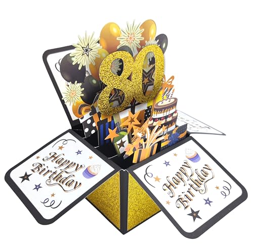80. Geburtstagskarte, Geburtstag Grußkarten Karte 3D Pop Up Karte Birthday 18th Grußkarten Glückwünsche Geburtstagskarten mit Umschlag für Mama Frauen Geschenk-Karte Grußkarte Schwarz Gold von REYOK