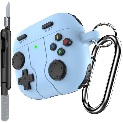RFUNGUANGO Gaming-Hülle für AirPods 4, stoßfeste Schutzhülle aus Silikon mit Reinigungsstift und Schlüsselanhänger-Zubehör für Apple Airpods 4. Generation, Blau von RFUNGUANGO