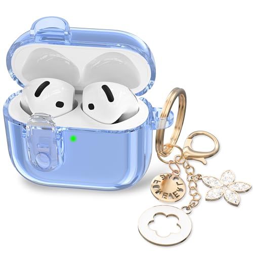RFUNGUANGO Klare Schutzhülle für süße Apple Airpods 4 Schutzhülle 2024 Damen, weiches TPU klar mit Sperrfunktion, Mädchen glänzender Schlüsselanhänger -Blau von RFUNGUANGO