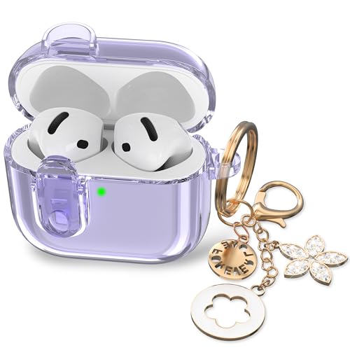 RFUNGUANGO Klare Schutzhülle für süße Apple Airpods 4 Schutzhülle 2024 Damen, weiches TPU klar mit Sperrfunktion, Mädchen glänzender Schlüsselanhänger -Lila von RFUNGUANGO