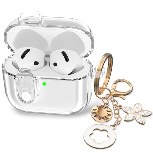 RFUNGUANGO Klare Schutzhülle für süße Apple Airpods 4 Schutzhülle 2024 Damen, weiches TPU klar mit Sperrfunktion, Mädchen glänzender Schlüsselanhänger - Weiß von RFUNGUANGO