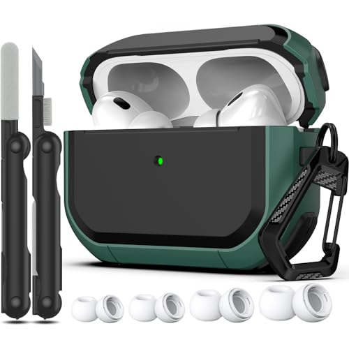 RFUNGUANGO für AirPods Pro 2/1 Generation Hülle (2023/2022/2019) mit Cleaner Kit, Cool Armor Design und stoßfestes Ganzkörper-Schutzgehäuse mit Schlüsselanhänger (USB-C/Blitzkabel),Grün von RFUNGUANGO