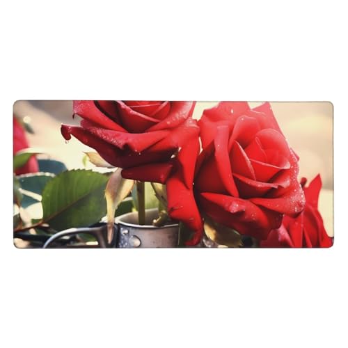 Extra großes Gaming-Mauspad mit roten Rosen und Blumen, 90,2 x 40,6 cm, Gummi-Tastatur-Pad, Computer-Mauspad, Schreibtischunterlage von RGETPNC