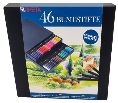 RHEITA 46 hochwertige Buntstifte mit feiner Spitze in praktischer Schubladenbox von RHEITA