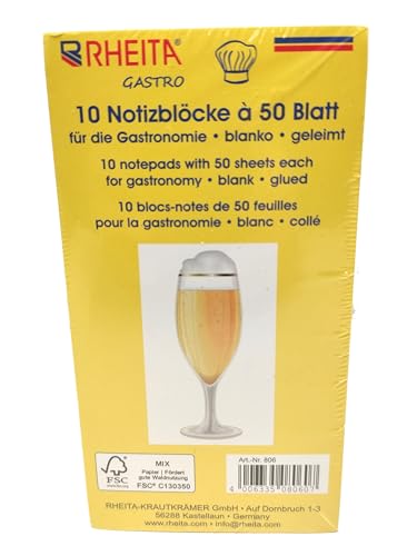 RHEITA Gastronomieblock mit 50 Blatt, 70g/m² Papier, blanko, kopfgeleimt, 7,5 x 14 cm, 10 Stück geschrumpft, FSC-zertifiziert von RHEITA