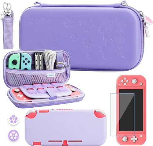 RHOTALL Cherry Blossom Tragetasche für Nintendo Switch Lite, tragbare Aufbewahrungstasche für Switch-Zubehör mit Schutzhülle, Displayschutzfolie, verstellbarem Schultergurt und 2 Daumenkappen (Lila) von RHOTALL