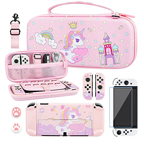 RHOTALL Einhorn-Tragekoffer-Set für Nintendo Switch OLED, Rosa Aufbewahrungstasche für Switch OLED und Zubehör mit Schutzhülle, Bildschirmschutz, verstellbarem Schultergurt und 2 Daumenkappen RHOTALL Einhorn-Tragekoffer-Set für Nintendo Switch OLED, Rosa Aufbewahrungstasche für Switch OLED und Zubehör mit Schutzhülle, Bildschirmschutz, verstellbarem Schultergurt und 2 Daumenkappen von RHOTALL