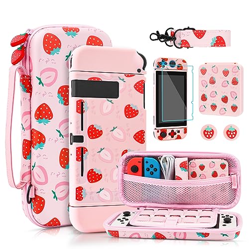 RHOTALL Niedliche Erdbeer-Tragetasche für Nintendo Switch, harte tragbare Reisetasche für Switch-Zubehör mit Schutzhülle, Schultergurt, Spielkartenetui, Displayschutzfolie und 2 Daumenkappen von RHOTALL