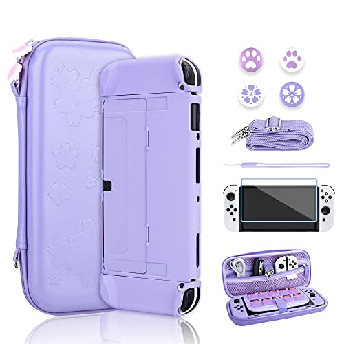 RHOTALL Sakura Embossing Cute Carrying Case Set für Nintendo Switch OLED, Zubehörpaket für Switch OLED mit Hartschale, Displayschutzfolie, 4 Daumenkappen, Handgelenkband und Schultergurt (Lila) von RHOTALL