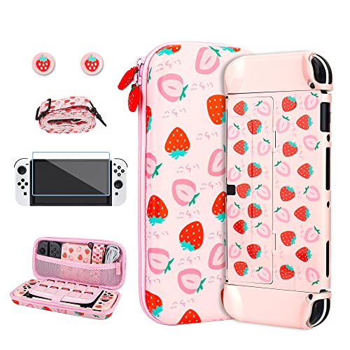 RHOTALL Strawberry Carrying Case Set for Nintendo Switch OLED, Portable Travel Case for Switch Accessories Storage with Pink Protective Shell, Shoulder Strap, Screen Protector and 2 Thumb Caps von RHOTALL