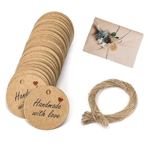 Geschenkanhänger Handmade with Love, 100 Stück Kraftpapier Anhänger, 3cm, mit 20 Meter Jutekordel Geschenkanhänger Handmade with Love, 100 Stück Kraftpapier Anhänger, 3cm, mit 20 Meter Jutekordel von RIASEVI