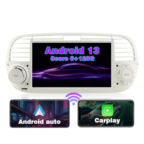 RICBAFEE Autoradio für FIAT 500 2007-2015, 7 Zoll Touchscreen Multimedia Autoradio Mit CarPlay Android Auto Navigation Bluetooth MirrorLink FM Rückfahrkamera Lenkradsteuerung (Weiß, 6+128GB 8Core) von RICBAFEE