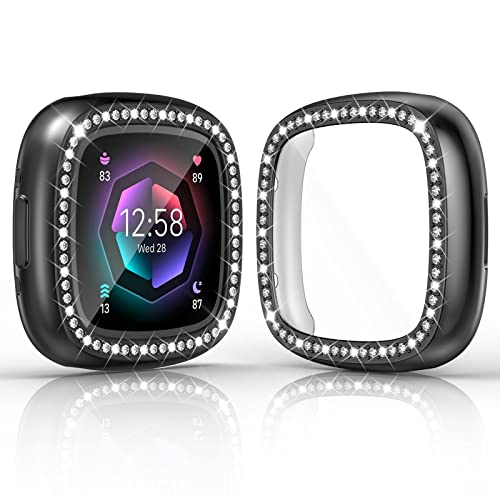 RICHONE 2er-Pack kompatibel mit Fitbit Versa 4 & Sense 2 (2022) Displayschutzfolie Hülle, Bling Diamonds Cover Soft TPU Bumper Smartwatch Zubehör (2 x Schwarz, Versa 4 & Sense 2) von RICHONE
