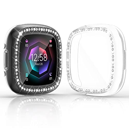 RICHONE 2er-Pack kompatibel mit Fitbit Versa 4 & Sense 2 (2022) Displayschutzfolie Hülle, Bling Diamonds Cover Soft TPU Bumper Smartwatch Zubehör (2 x transparent, Versa 4 & Sense 2) von RICHONE