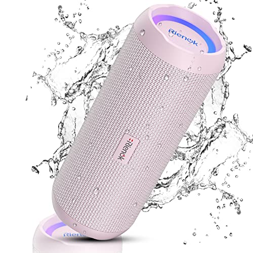 RIENOK Bluetooth Lautsprecher mit Licht Bluetooth 5.3 Musikbox Bass Kabellos Box mit IPX7 wasserdicht Stereo Sound Tragbar (Rosa, 3,600 mAh) von RIENOK