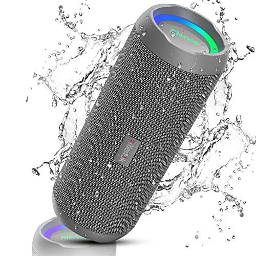 RIENOK Bluetooth Lautsprecher mit Licht Bluetooth 5.3 Musikbox Bass Kabellos Box mit IPX7 wasserdicht Stereo Sound Tragbar Grau von RIENOK