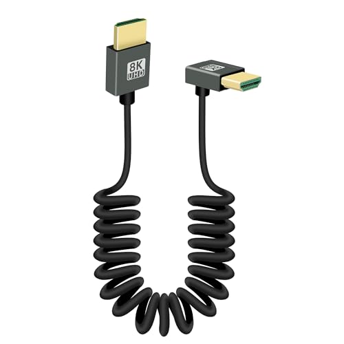 RIIEYOCA 8K 90 Grad HDMI auf HDMI Kurzes Spiralkabel, Nach Unten Gewinkelt 48Gbps High Speed HDMI2.1 Unterstützung HDR, 8K@60Hz, 4K@120Hz, Kompatibel mit Camcordern, Monitoren (Nach Unten) von RIIEYOCA