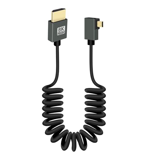 RIIEYOCA 8K Kurzes Micro HDMI zu HDMI Spiralkabel, 90 Grad Linker Winkel 48Gbps High Speed HDMI2,1 Unterstützung HDR, 8K@60Hz, 4K@120Hz, Kompatibel mit Camcordern, Monitoren (Links) von RIIEYOCA